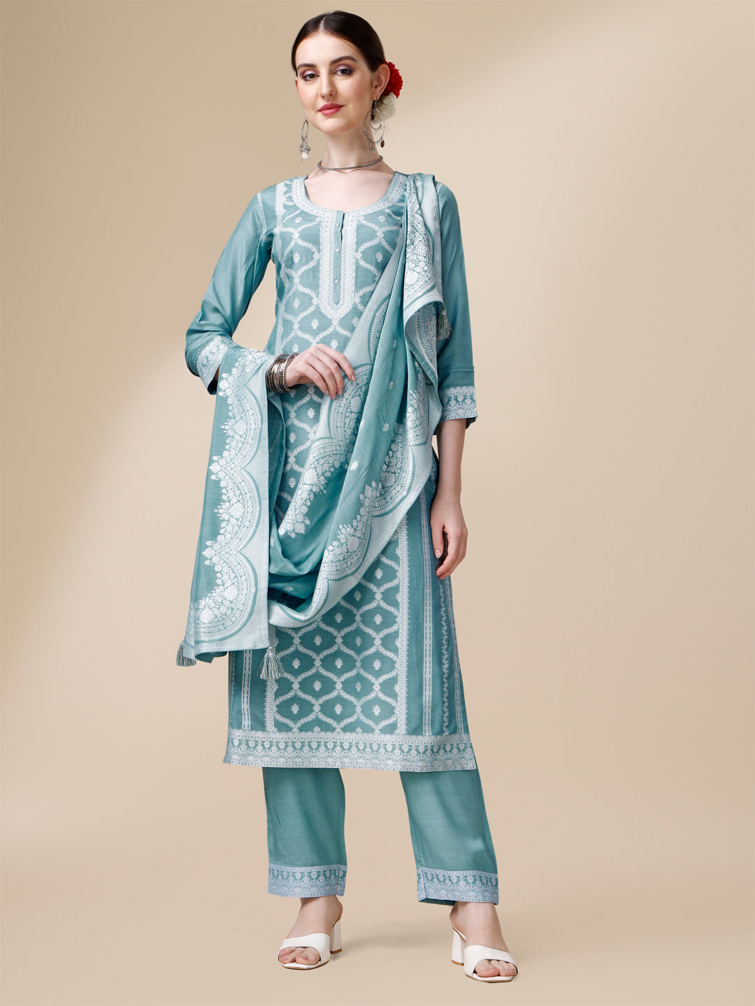 Light Blue Thread Woven Tussar Silk Kurta Suit Set Product vendor