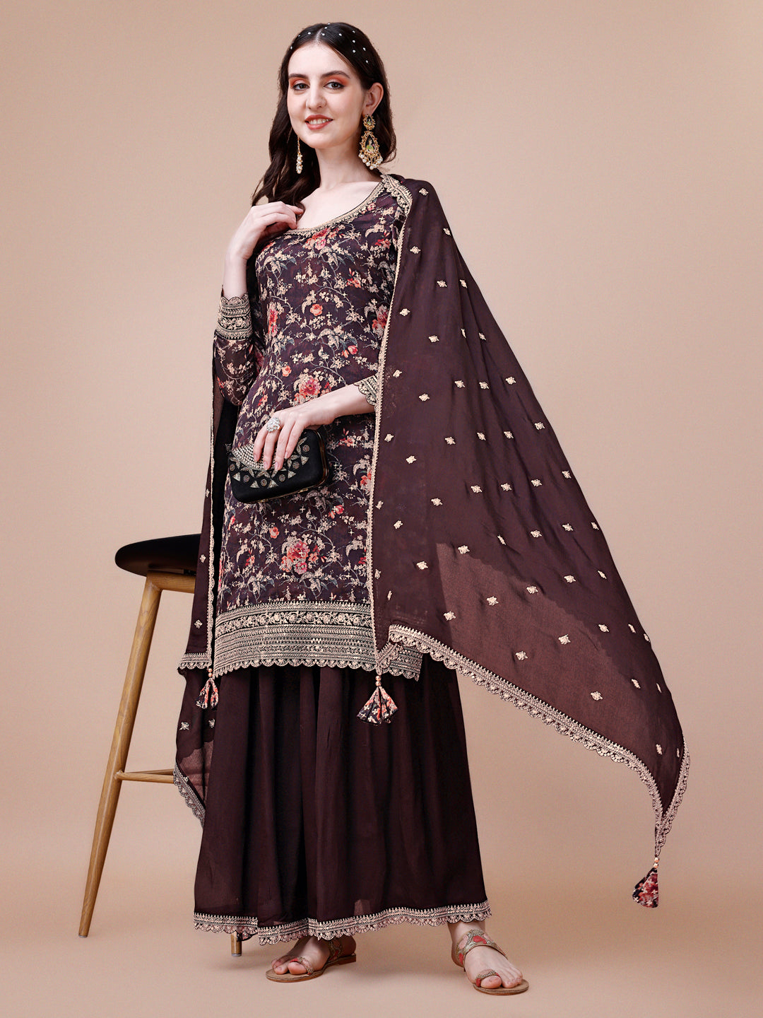 Brown Printed with Embroidered Sharara Suit Set Product vendor