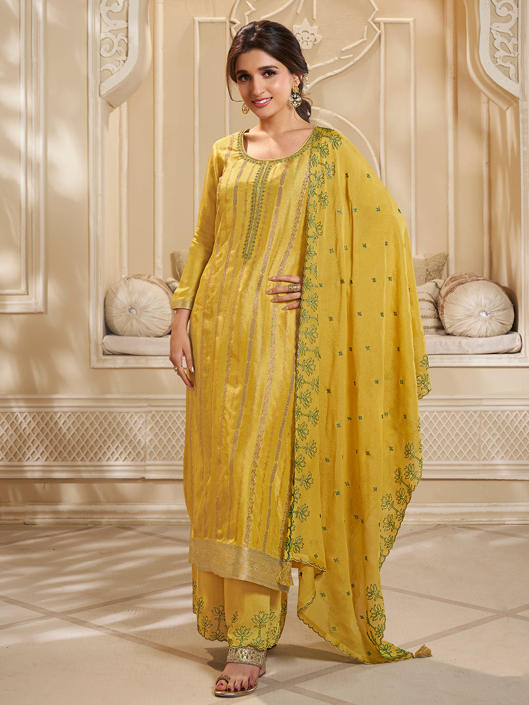 Yellow Dola Silk Palazzo Suit Set with Zari and Self Weave Jacquard Top Product vendor