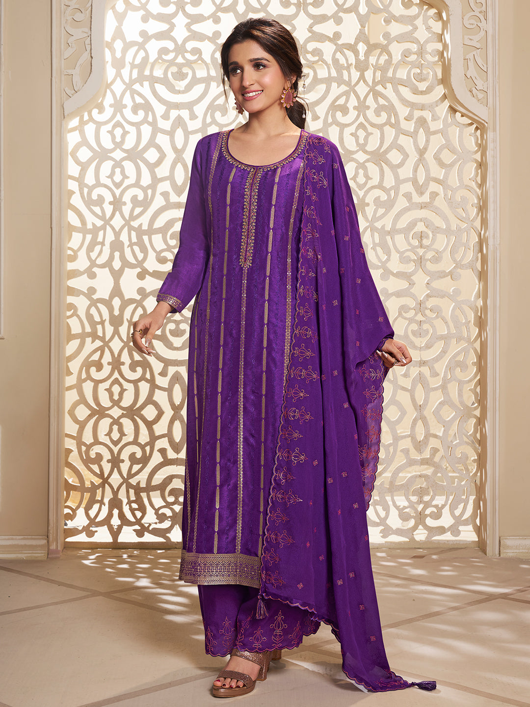 Purple Dola Silk Palazzo Suit Set with Zari and Self Weave Jacquard Top Product vendor