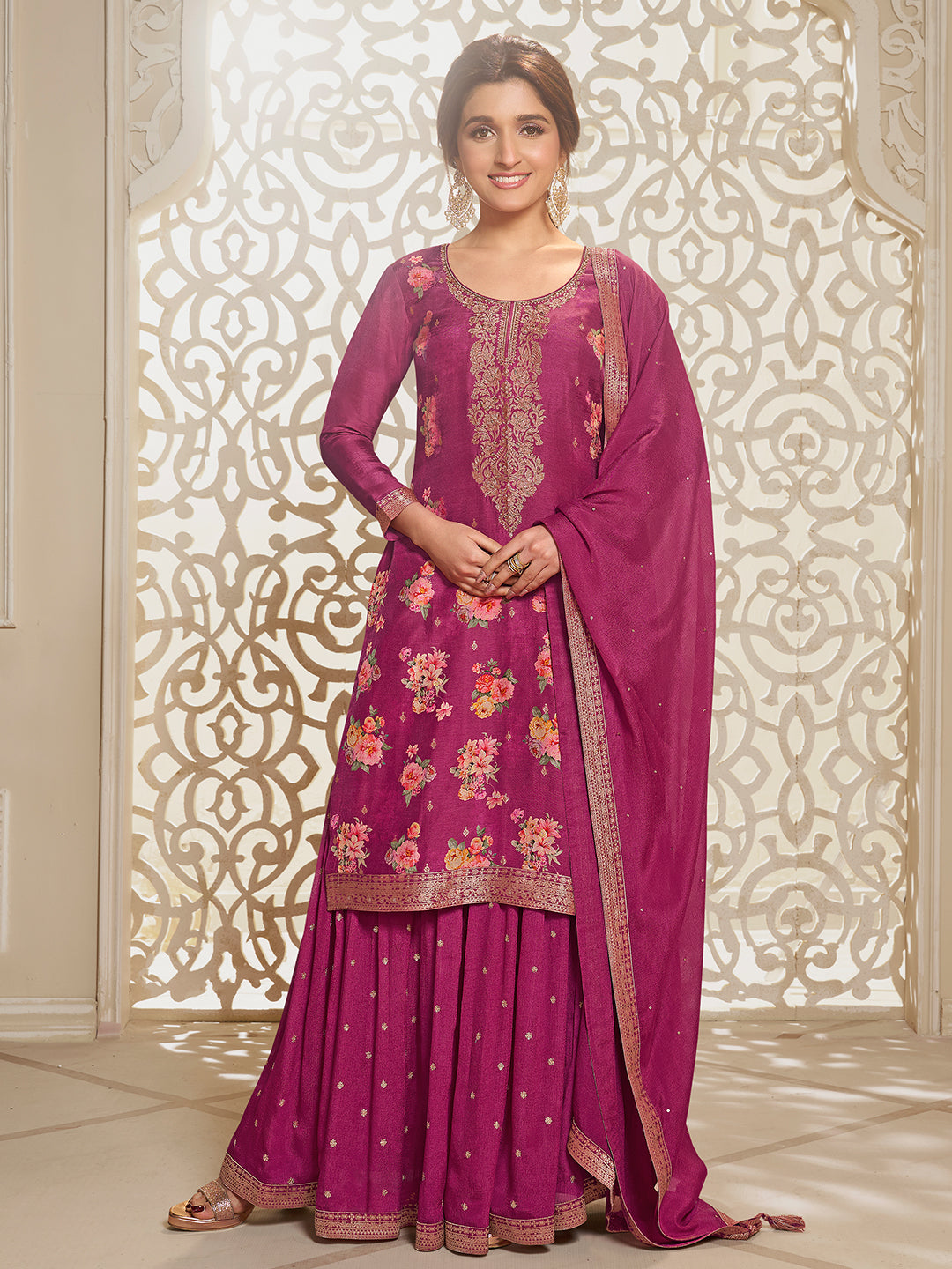 Hot Pink Dola Jacquard Digital Floral Printed Sharara Suit Set Product vendor