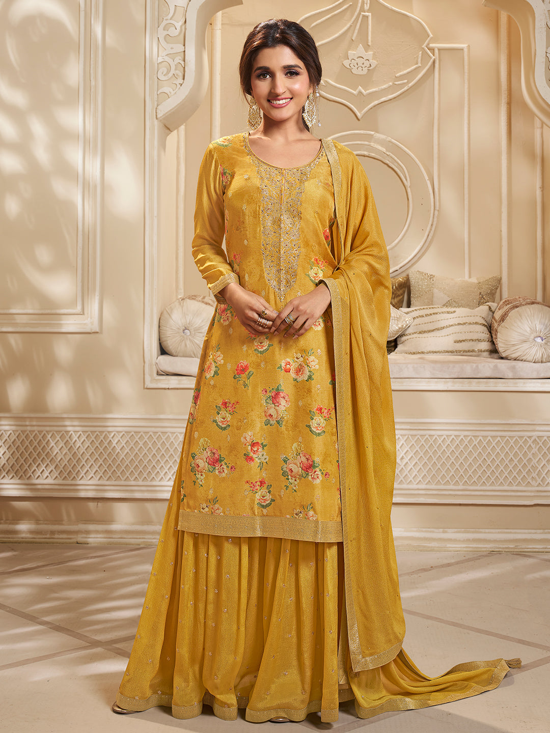 Yellow Dola Jacquard Digital Floral Printed Sharara Suit Set Product vendor