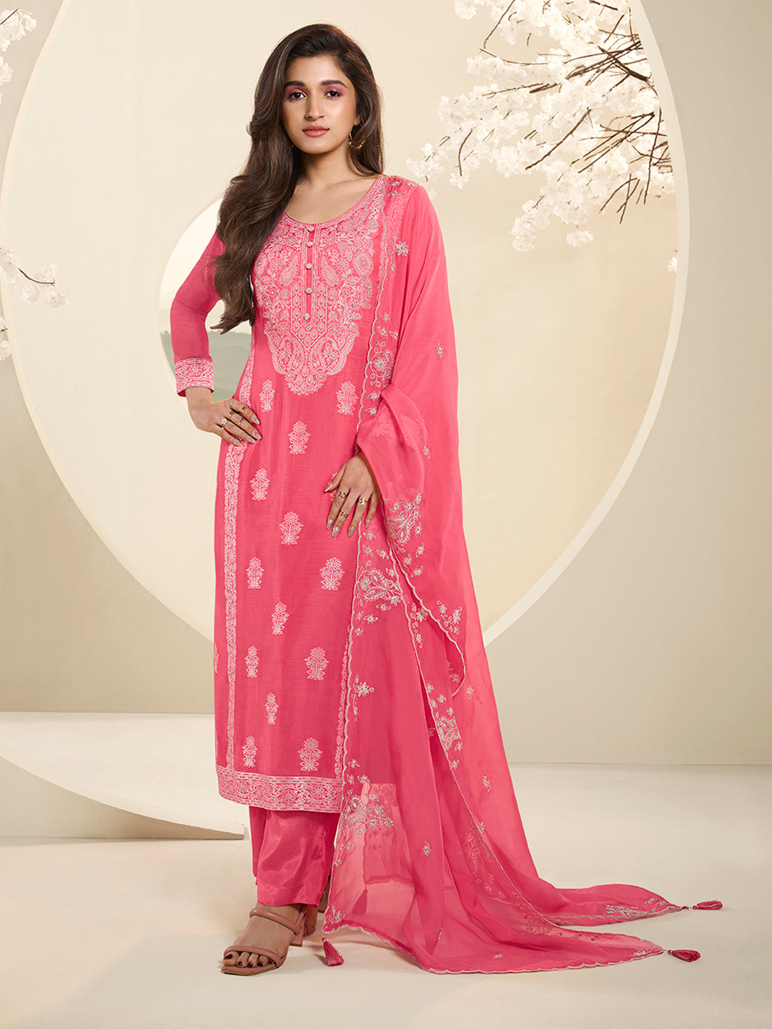 Pink Muslin Jacquard Kurta Suit Set with HandCrafted Buttons Product vendor