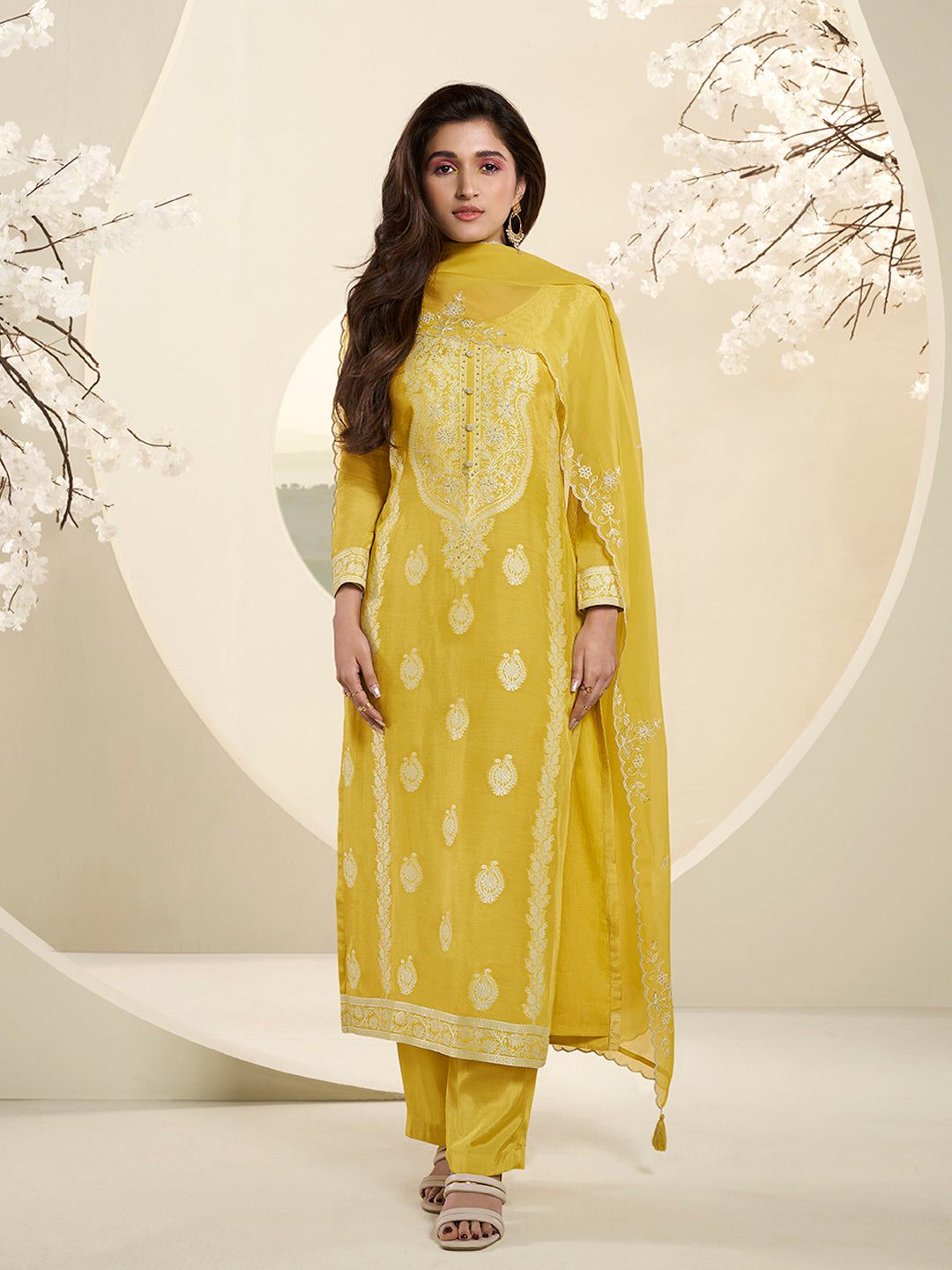 Yellow Muslin Jacquard Kurta Suit Set with HandCrafted Buttons Product vendor