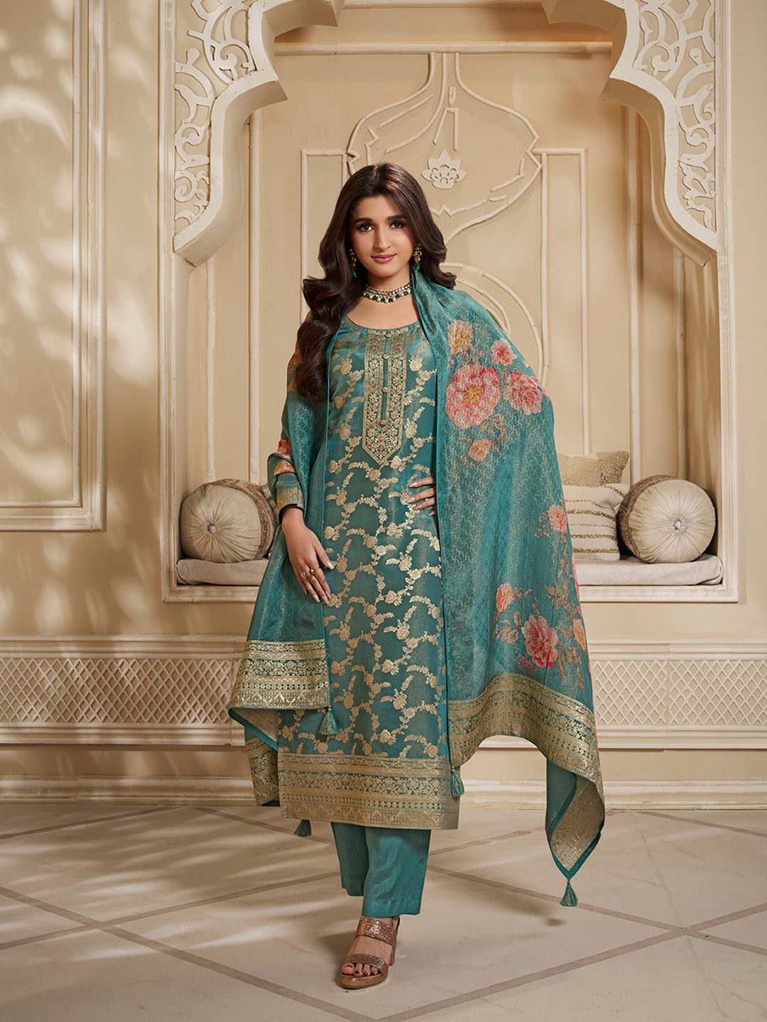 Teal Green Tissue Jacquard Kurta Suit Set with Jaal Pattern & Hand made Buttons Product vendor